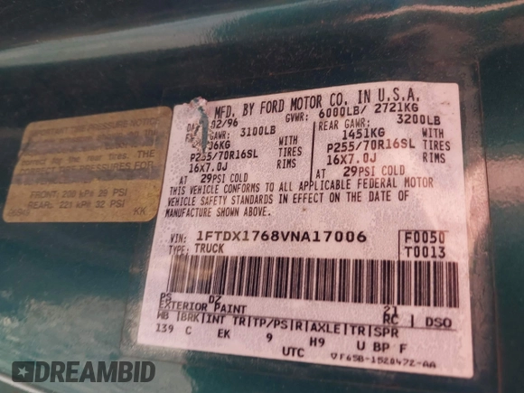 1997 Ford F-150 with VIN 1FTDX1768VNA17006, listed as a IAAI auction lot 42049325 with 206,839 mi miles and . Bid and sale history available at DreamBid. Image 9.