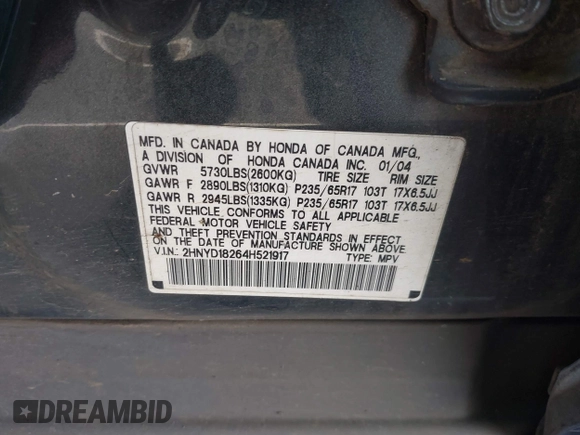 2004 Acura MDX with VIN 2HNYD18264H521917, listed as a IAAI auction lot 41688718 with 1 mi miles. Bid and sale history available at carsss.com. Image 9.