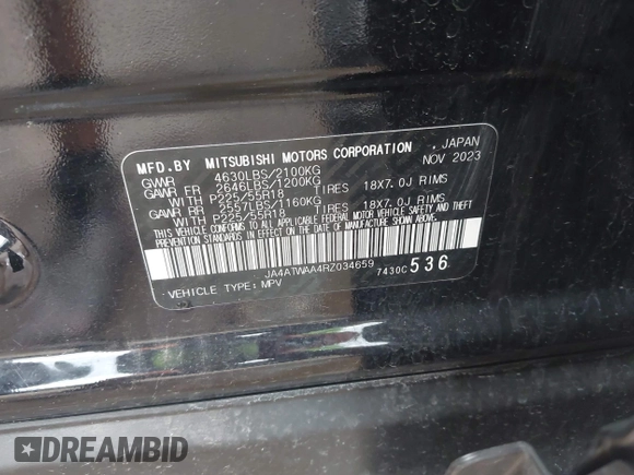 2024 Mitsubishi Eclipse Cross SE with VIN JA4ATWAA4RZ034659, listed as a IAAI auction lot 42670533 with 33,398 mi miles and . Bid and sale history available at DreamBid. Image 9.