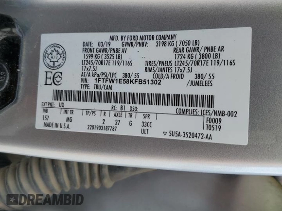 2019 Ford F-150 XL with VIN 1FTFW1E58KFB51302, listed as a Copart auction lot 47123165 with 253,409 mi miles and Clean Title. Bid and sale history available at carsss.com. Image 12.