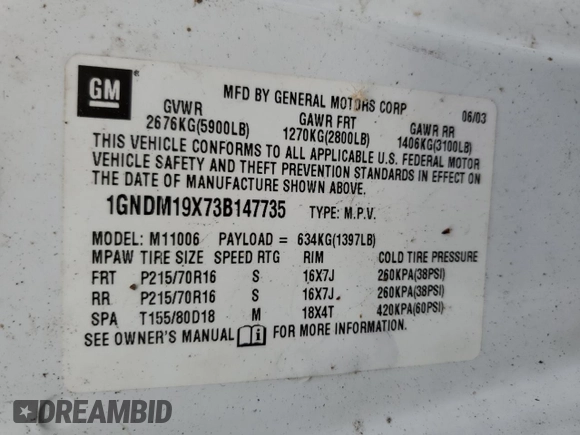 2003 Chevrolet Astro with VIN 1GNDM19X73B147735, listed as a Copart auction lot 54375475 with 195,006 mi miles and Clean Title. Bid and sale history available at carsss.com. Image 13.