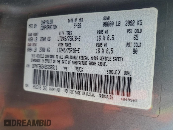 1995 Dodge 2500 with VIN 1B7KF26Z4SS358511, listed as a Copart auction lot 79273244 with 151,311 mi miles and Clean Title. Bid and sale history available at DreamBid. Image 12.