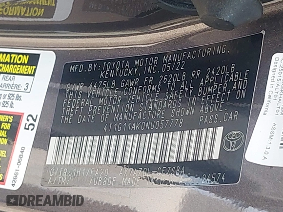 2022 Toyota Camry SE z VIN 4T1G11AK0NU057778, wystawiony jako IAAI lot #42094950 z przebiegiem 115 649 mil mil oraz . Historia ofert i sprzedaży dostępna na DreamBid. Obrazek 9.