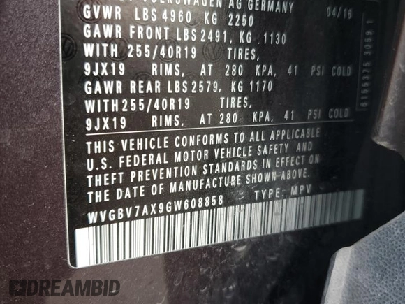 2016 Volkswagen Tiguan S with VIN WVGBV7AX9GW608858, listed as a Copart auction lot 55341985 with 114,472 mi miles and Salvage Title. Bid and sale history available at DreamBid. Image 12.