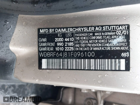 2001 Mercedes-Benz C 320 with VIN WDBRF64J81F096100, listed as a IAAI auction lot 42632301 with 80,917 mi miles and . Bid and sale history available at DreamBid. Image 9.