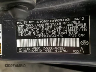 2012 Toyota Prius One with VIN JTDKN3DU8C5449670, listed as a Copart auction lot 46295805 with 165,026 mi miles and Salvage Title. Bid and sale history available at carsss.com. Image 12.