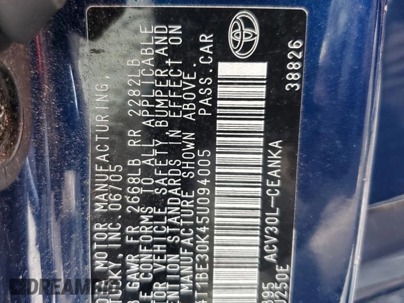 2005 Toyota Camry LE with VIN 4T1BE30K45U094005, listed as a Copart auction lot 63688525 with 207,847 mi miles and Clean title. Bid and sale history available at DreamBid. Image 12.
