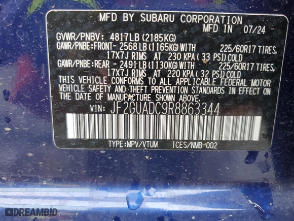 2024 Subaru Crosstrek Premium with VIN JF2GUADC9R8863344, listed as a Copart auction lot 43830235 with 3,251 mi miles and Salvage Title. Bid and sale history available at carsss.com. Image 12.