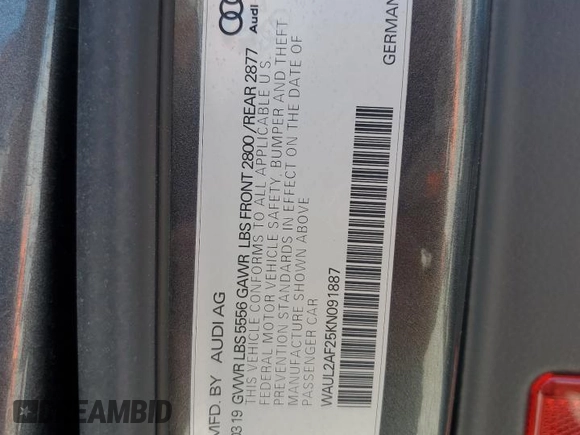 2019 Audi A6 Premium Plus with VIN WAUL2AF25KN091887, listed as a Copart auction lot 61191015 with 87,335 mi miles and Non repairable. Bid and sale history available at DreamBid. Image 12.