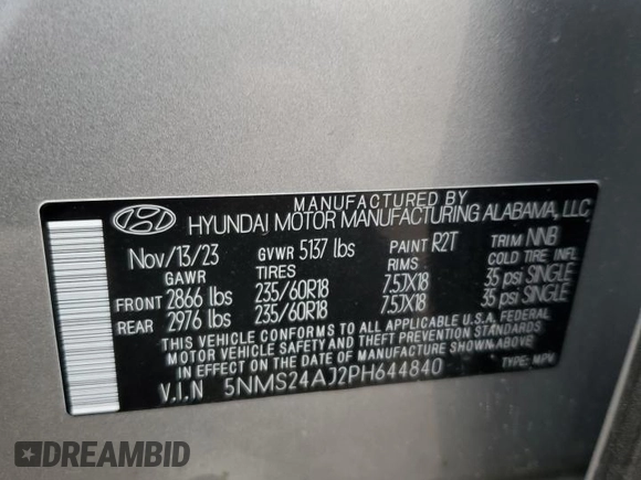 2023 Hyundai Santa Fe SEL with VIN 5NMS24AJ2PH644840, listed as a Copart auction lot 43797595 with 6,706 mi miles and Salvage Title. Bid and sale history available at DreamBid. Image 14.