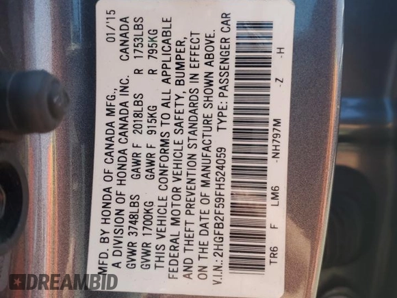 2015 Honda Civic LX z VIN 2HGFB2F59FH524059, wystawiony jako Copart lot #54920215 z przebiegiem 211 307 mil mil oraz Szkoda całkowita • Salvage title. Historia ofert i sprzedaży dostępna na DreamBid. Obrazek 12.