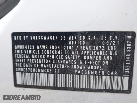 2021 Volkswagen Jetta S z VIN 3VWC57BU0MM085171, wystawiony jako IAAI lot #41688704 z przebiegiem 38 856 mil mil oraz . Historia ofert i sprzedaży dostępna na DreamBid. Obrazek 9.