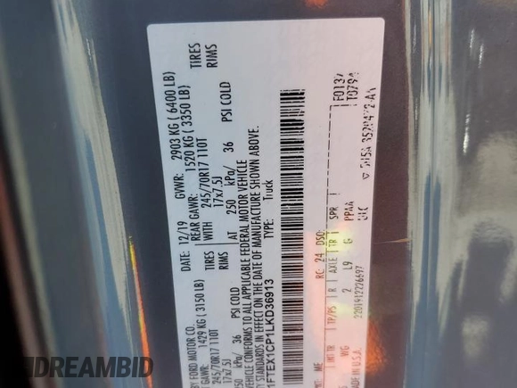 2020 Ford F-150 XL with VIN 1FTEX1CP1LKD36913, listed as a Copart auction lot 46080505 with 145,195 mi miles and Salvage title. Bid and sale history available at DreamBid. Image 13.
