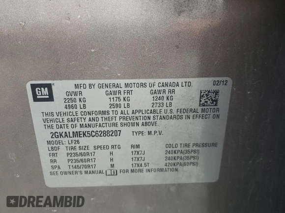 2012 GMC Terrain SLE-1 with VIN 2GKALMEK5C6288207, listed as a Copart auction lot 58363285 with 170,321 mi miles and Salvage title. Bid and sale history available at DreamBid. Image 14.