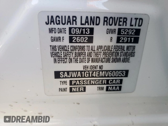 2014 Jaguar XJ Supercharged z VIN SAJWA1GT4EMV60053, wystawiony jako Copart lot #57643005 z przebiegiem 48 139 mil mil oraz Szkoda całkowita • Salvage title. Historia ofert i sprzedaży dostępna na DreamBid. Obrazek 13.