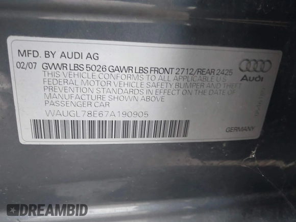 2007 Audi S4 z VIN WAUGL78E67A190905, wystawiony jako IAAI lot #41456682 z przebiegiem 141 703 mil mil oraz . Historia ofert i sprzedaży dostępna na DreamBid. Obrazek 9.