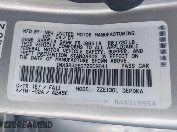 2007 Toyota Corolla CE with VIN 1NXBR32E07Z909041, listed as a IAAI auction lot 41968628 with 140,369 mi miles and . Bid and sale history available at carsss.com. Image 9.
