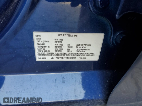 2022 Tesla Model Y Long Range with VIN 7SAYGDEE2NF419229, listed as a Copart auction lot 49902165 with 40,369 mi miles and Salvage Title. Bid and sale history available at DreamBid. Image 14.