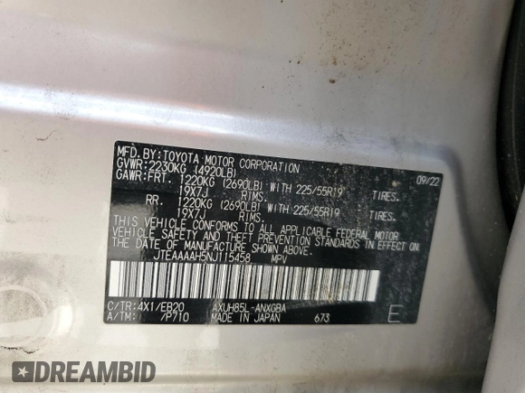 2022 Toyota Venza LE with VIN JTEAAAAH5NJ115458, listed as a Copart auction lot 53696965 with 34,704 mi miles and Salvage Title. Bid and sale history available at DreamBid. Image 14.