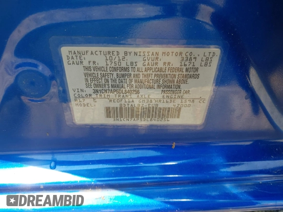 2013 Nissan Versa S Plus with VIN 3N1CN7AP5DL840256, listed as a IAAI auction lot 42394888 with 195,352 mi miles and . Bid and sale history available at DreamBid. Image 9.