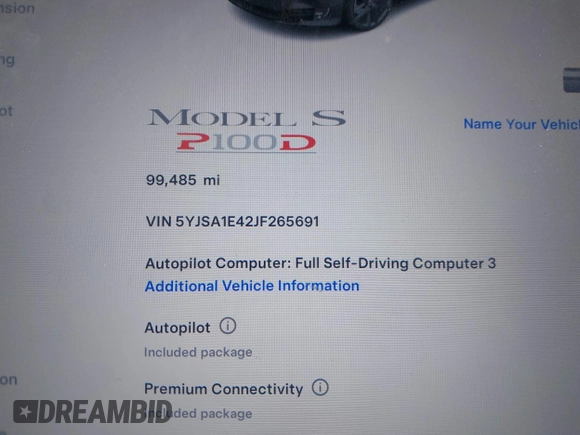 2018 Tesla Model S 75D with VIN 5YJSA1E42JF265691, listed as a IAAI auction lot 41886105 with 99,485 mi miles and . Bid and sale history available at DreamBid. Image 15.
