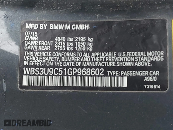 2016 BMW M4 with VIN WBS3U9C51GP968602, listed as a IAAI auction lot 42442452 with 3 mi miles and . Bid and sale history available at DreamBid. Image 9.