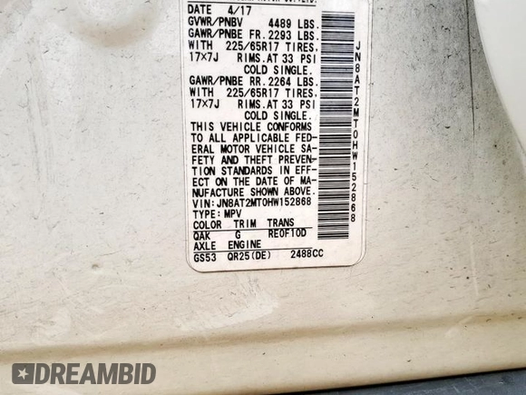 2017 Nissan Rogue SV with VIN JN8AT2MT0HW152868, listed as a Copart auction lot 59495925 with 135,982 mi miles and Clean title. Bid and sale history available at DreamBid. Image 13.