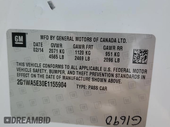 2014 Chevrolet Impala LS with VIN 2G1WA5E30E1155904, listed as a Copart auction lot 56856485 with 149,977 mi miles and Salvage title. Bid and sale history available at DreamBid. Image 12.