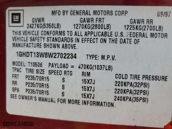 1998 Oldsmobile Bravada with VIN 1GHDT13W8W2702234, listed as a Copart auction lot 61893974 with 164,761 mi miles and Salvage Title. Bid and sale history available at carsss.com. Image 12.