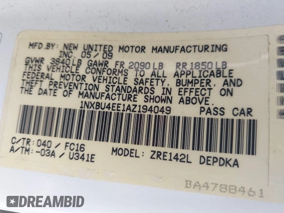 2010 Toyota Corolla z VIN 1NXBU4EE1AZ194049, wystawiony jako IAAI lot #42392408 z przebiegiem Nie podano mil oraz . Historia ofert i sprzedaży dostępna na DreamBid. Obrazek 9.