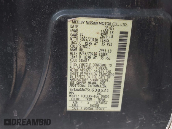 2005 Nissan Xterra SE z VIN 5N1AN08U75C638521, wystawiony jako IAAI lot #42397492 z przebiegiem 132 892 mil mil oraz . Historia ofert i sprzedaży dostępna na DreamBid. Obrazek 9.