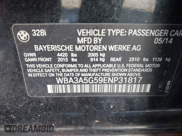 2014 BMW 3 Series 328i with VIN WBA3A5G59ENP31817, listed as a IAAI auction lot 41845296 with 190,437 mi miles. Bid and sale history available at carsss.com. Image 9.