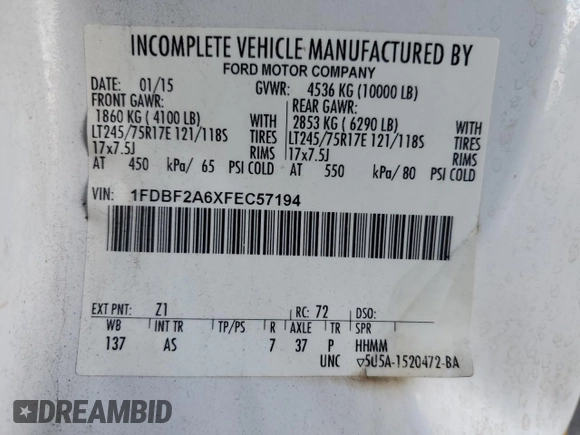 2015 Ford F-250 XL with VIN 1FDBF2A6XFEC57194, listed as a Copart auction lot 48069255 with 274,265 mi miles and Clean title. Bid and sale history available at DreamBid. Image 13.