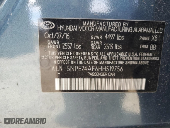 2017 Hyundai Sonata 2.4L with VIN 5NPE24AF6HH519756, listed as a Copart auction lot 43437625 with 98,397 mi miles and Salvage Title. Bid and sale history available at carsss.com. Image 14.