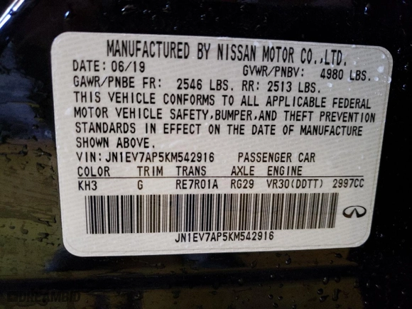 2019 Infiniti Q50 3.0t LUXE with VIN JN1EV7AP5KM542916, listed as a Copart auction lot 48954305 with 63,315 mi miles and Clean Title. Bid and sale history available at carsss.com. Image 12.