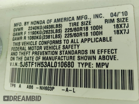 2010 Honda Crosstour EX-L with VIN 5J6TF1H53AL010680, listed as a IAAI auction lot 41904005 with 209,527 mi miles. Bid and sale history available at carsss.com. Image 9.
