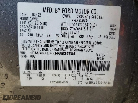 2022 Ford Explorer XLT with VIN 1FMSK7DH4NGB35505, listed as a Copart auction lot 51977355 with 38,009 mi miles and Non Repairable. Bid and sale history available at carsss.com. Image 13.