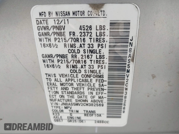 2012 Nissan Rogue S with VIN JN8AS5MV2CW382569, listed as a IAAI auction lot 42231982 with 219,348 mi miles and . Bid and sale history available at DreamBid. Image 9.