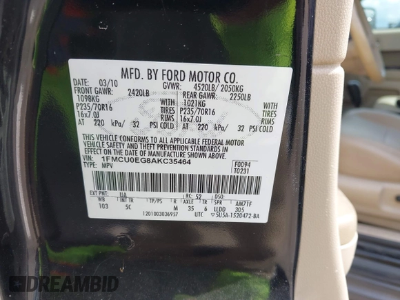 2010 Ford Escape Limited с VIN 1FMCU0EG8AKC35464, выставлен на аукционе IAAI как лот 42638596 с пробегом 223 525 миль миль и . История ставок и продаж доступна на DreamBid. Изображение 9.