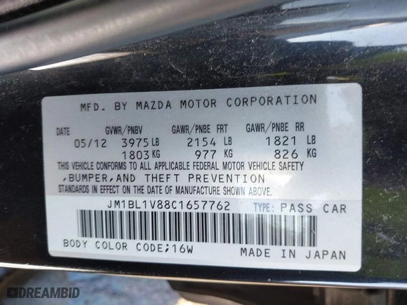 2012 Mazda Mazda3 i Touring with VIN JM1BL1V88C1657762, listed as a IAAI auction lot 41771151 with 164,816 mi miles. Bid and sale history available at carsss.com. Image 9.