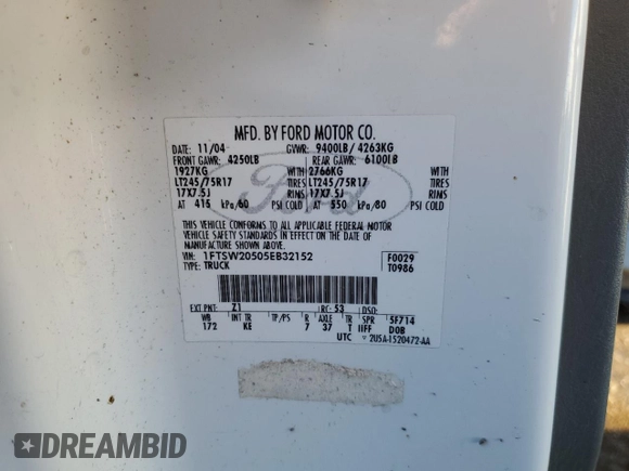 2005 Ford Super Duty F-250 XL with VIN 1FTSW20505EB32152, listed as a Copart auction lot 41635435 with 176,471 mi miles and Salvage Title. Bid and sale history available at carsss.com. Image 12.