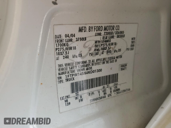 2004 Ford F-150 XLT with VIN 1FTPW145X4KD01300, listed as a Copart auction lot 59048745 with 170,008 mi miles and Salvage title. Bid and sale history available at DreamBid. Image 12.