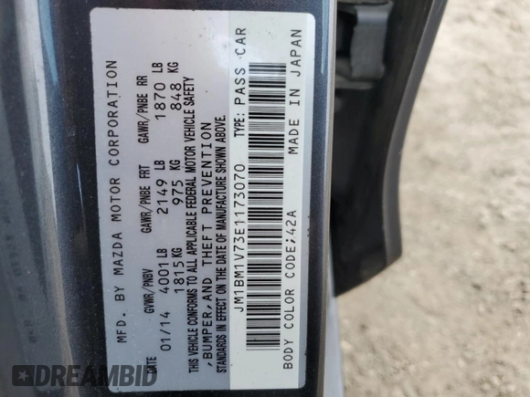 2014 Mazda 3 i Touring with VIN JM1BM1V73E1173070, listed as a Copart auction lot 50351915 with 11,952 mi miles and Salvage Title. Bid and sale history available at DreamBid. Image 12.