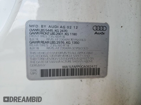 2012 Audi Q5 Premium Plus with VIN WA1LFAFP0CA082472, listed as a Copart auction lot 64405265 with 154,326 mi miles and Clean title. Bid and sale history available at DreamBid. Image 13.