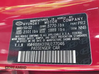 2022 Hyundai Venue SE с VIN KMHRB8A31NU177046, выставлен на аукционе IAAI как лот 41909773 с пробегом 30 719 миль миль и . История ставок и продаж доступна на DreamBid. Изображение 9.