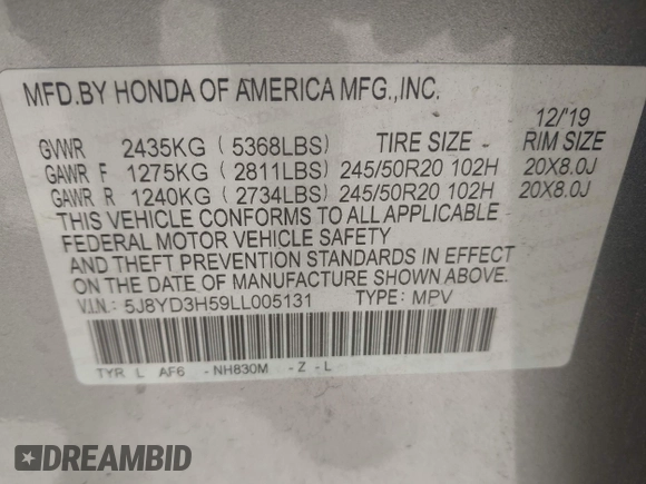 2020 Acura MDX Technology with VIN 5J8YD3H59LL005131, listed as a IAAI auction lot 41916686 with 80,126 mi miles and . Bid and sale history available at DreamBid. Image 9.