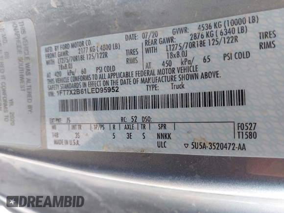 2020 Ford F-250 XL z VIN 1FT7X2B61LED95952, wystawiony jako IAAI lot #42186832 z przebiegiem 119 083 mil mil oraz . Historia ofert i sprzedaży dostępna na DreamBid. Obrazek 8.