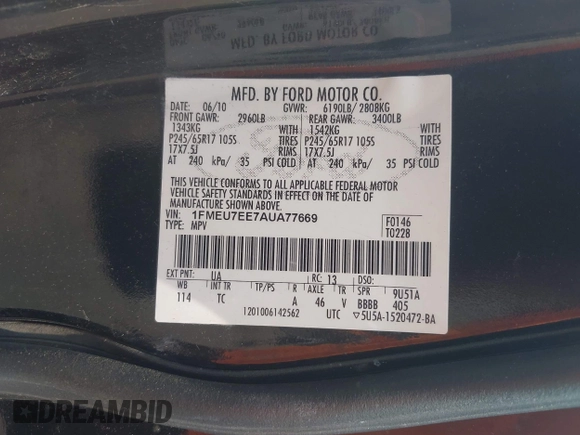 2010 Ford Explorer Eddie Bauer with VIN 1FMEU7EE7AUA77669, listed as a IAAI auction lot 42411842 with 118,061 mi miles and . Bid and sale history available at DreamBid. Image 9.