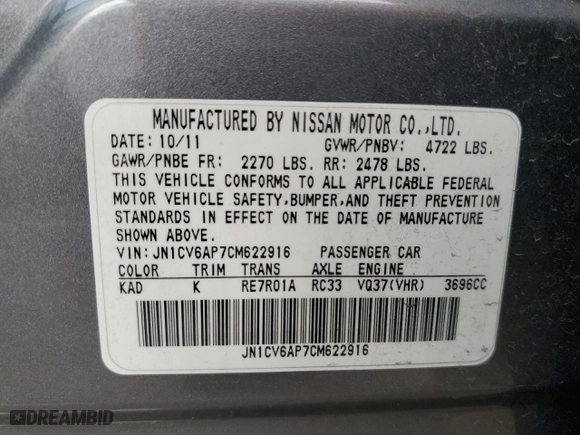2012 Infiniti G37 Sedan Journey with VIN JN1CV6AP7CM622916, listed as a Copart auction lot 54095185 with 214,155 mi miles and Clean Title. Bid and sale history available at carsss.com. Image 12.