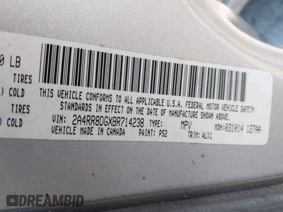 2011 Chrysler Town & Country Touring L with VIN 2A4RR8DGXBR714238, listed as a IAAI auction lot 41283027 with 205,498 mi miles and . Bid and sale history available at DreamBid. Image 9.